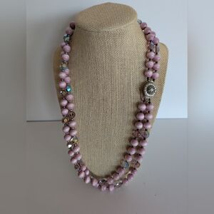 Vintage Double Strand  Pink Beads And Crystals Pink With Silver 1950
